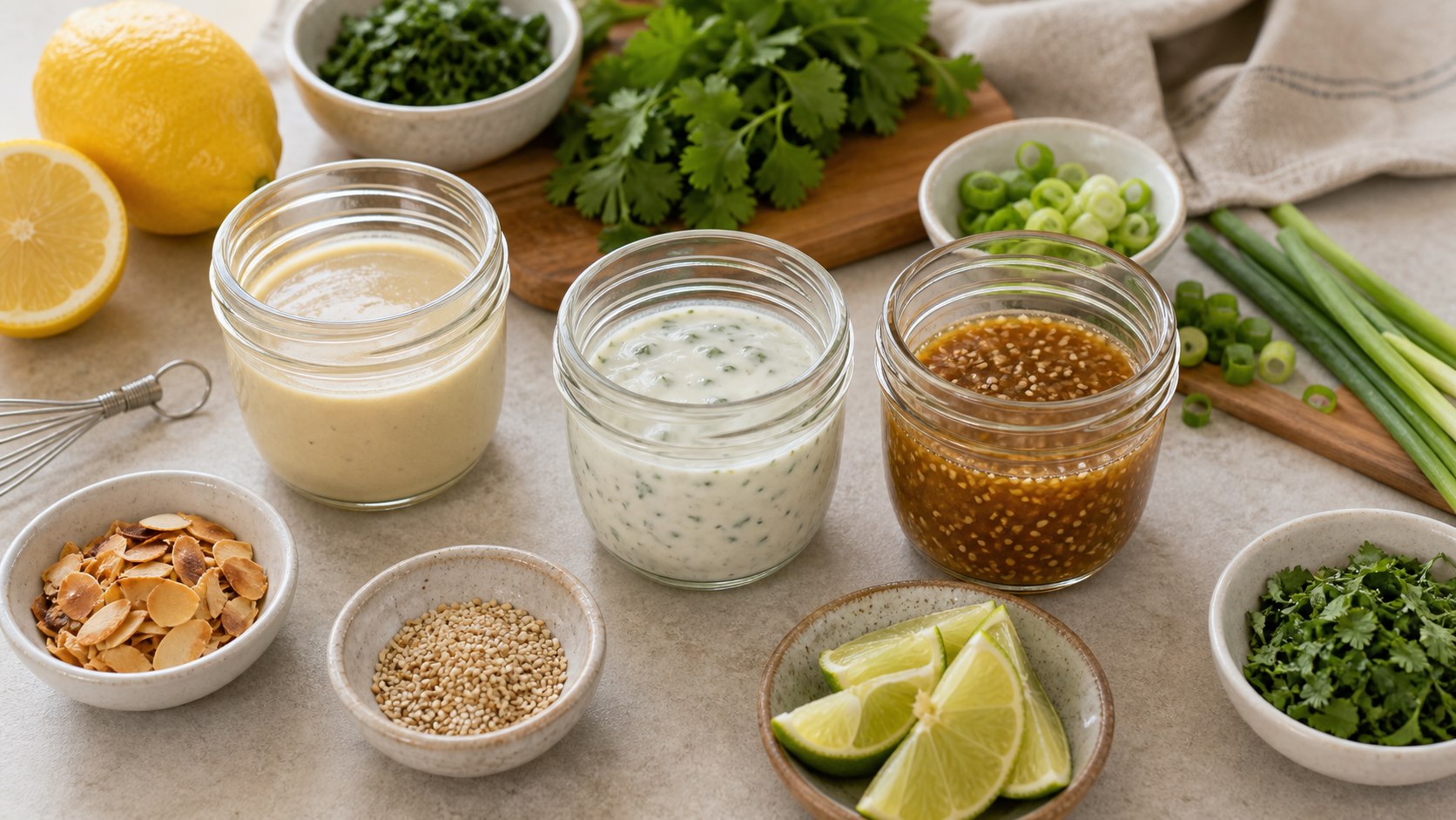 Small bowls of homemade sauces and toppings for meal prep bowls