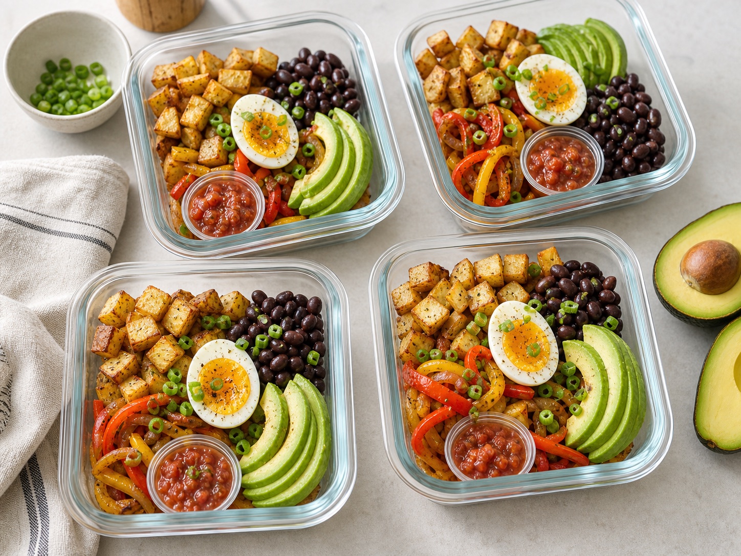 Breakfast bowl with eggs, roasted potatoes, beans, peppers, and salsa