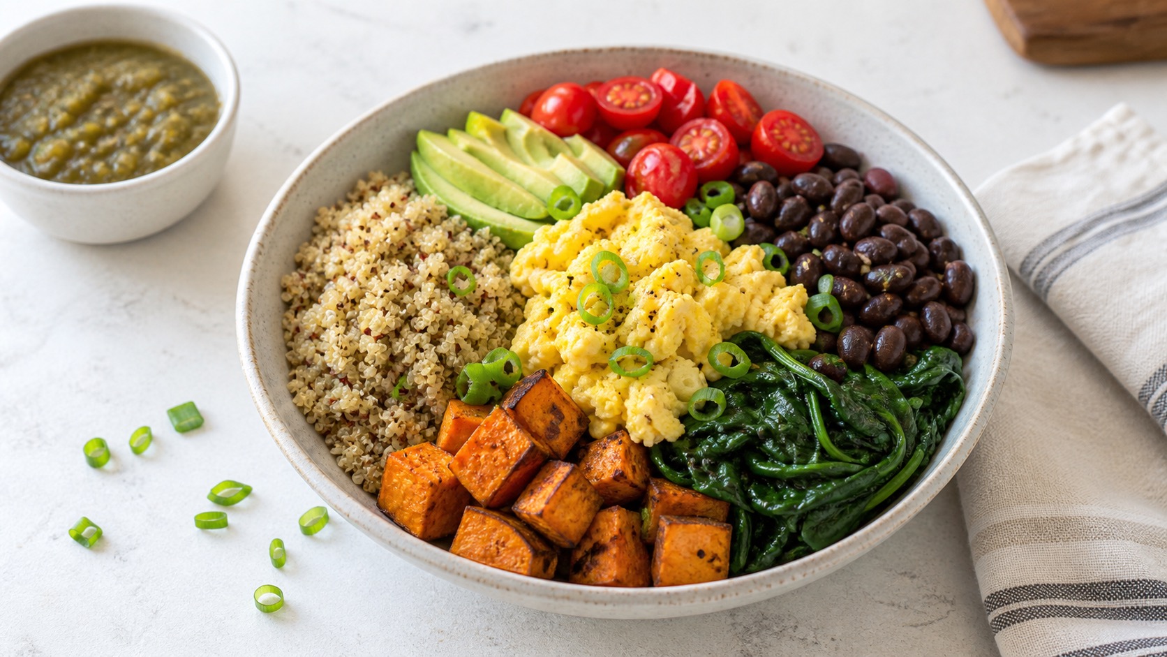Breakfast quinoa egg bowl with sweet potatoes spinach beans avocado and salsa verde