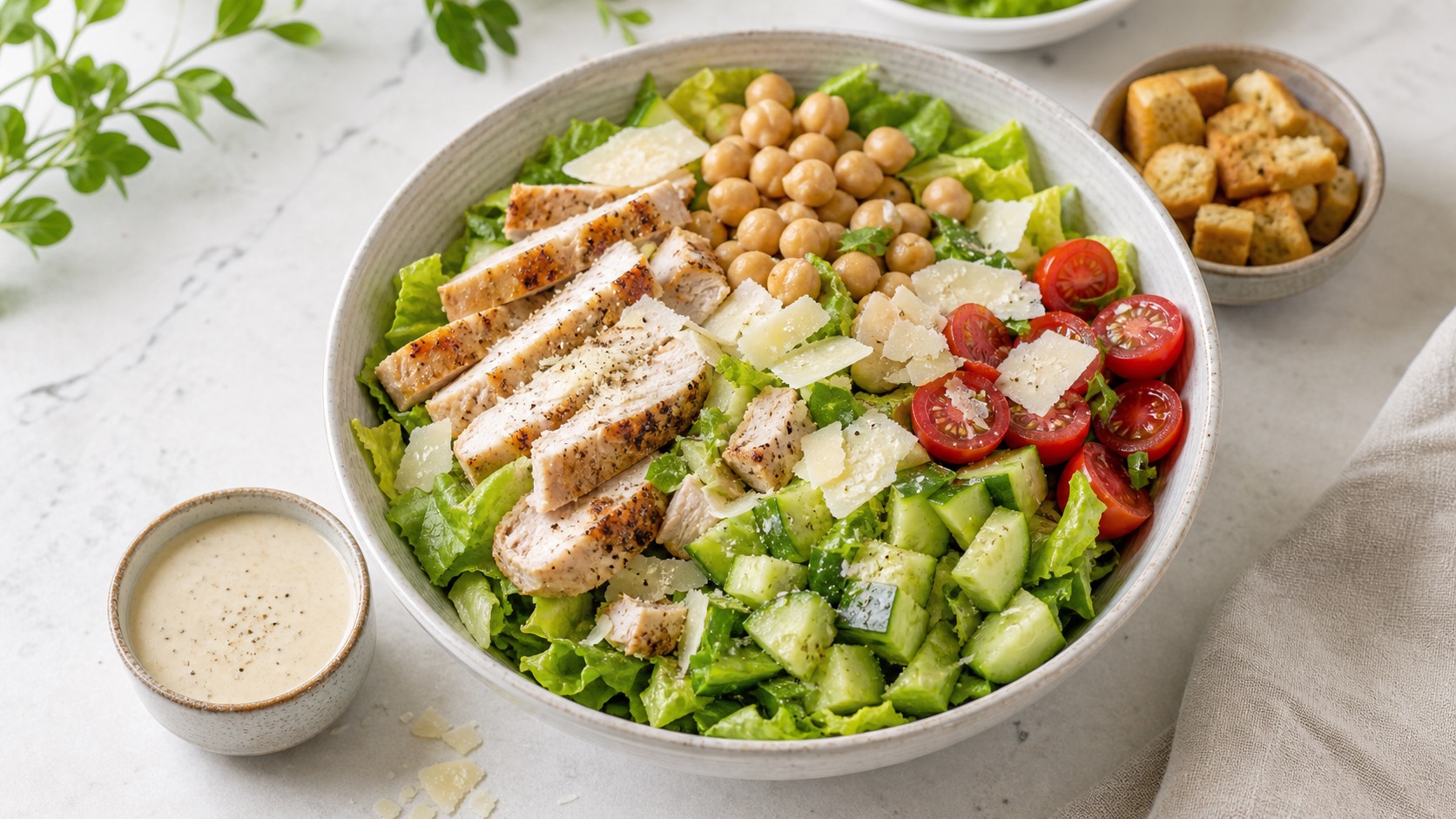 Chopped chicken caesar salad bowl with romaine chickpeas cucumber tomatoes parmesan and dressing