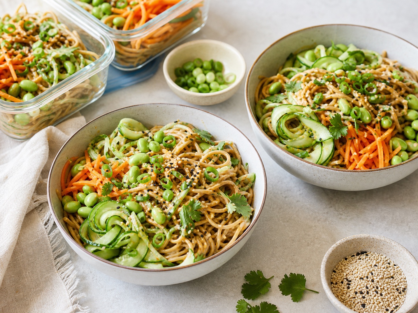 Cold sesame noodle bowl with cucumber, carrots, edamame, and scallions
