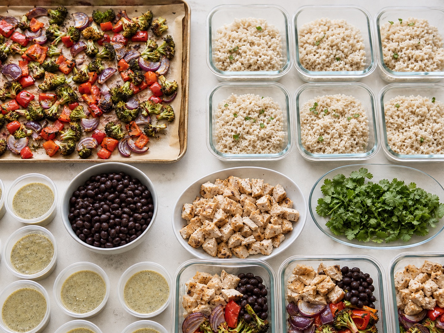 Freezer-friendly rice bowls packed in meal prep containers