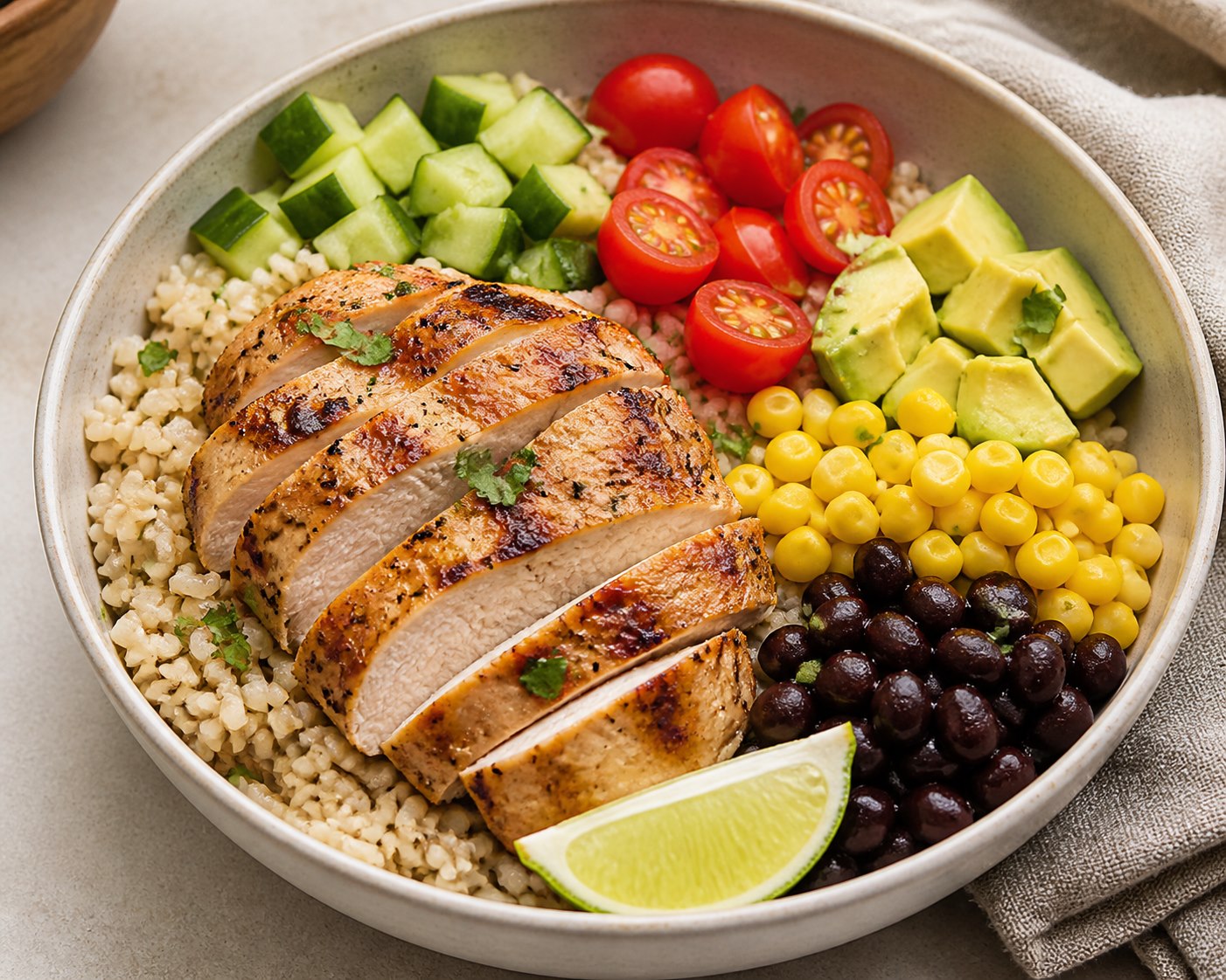Grilled chicken rice bowl with beans, vegetables, and lime dressing