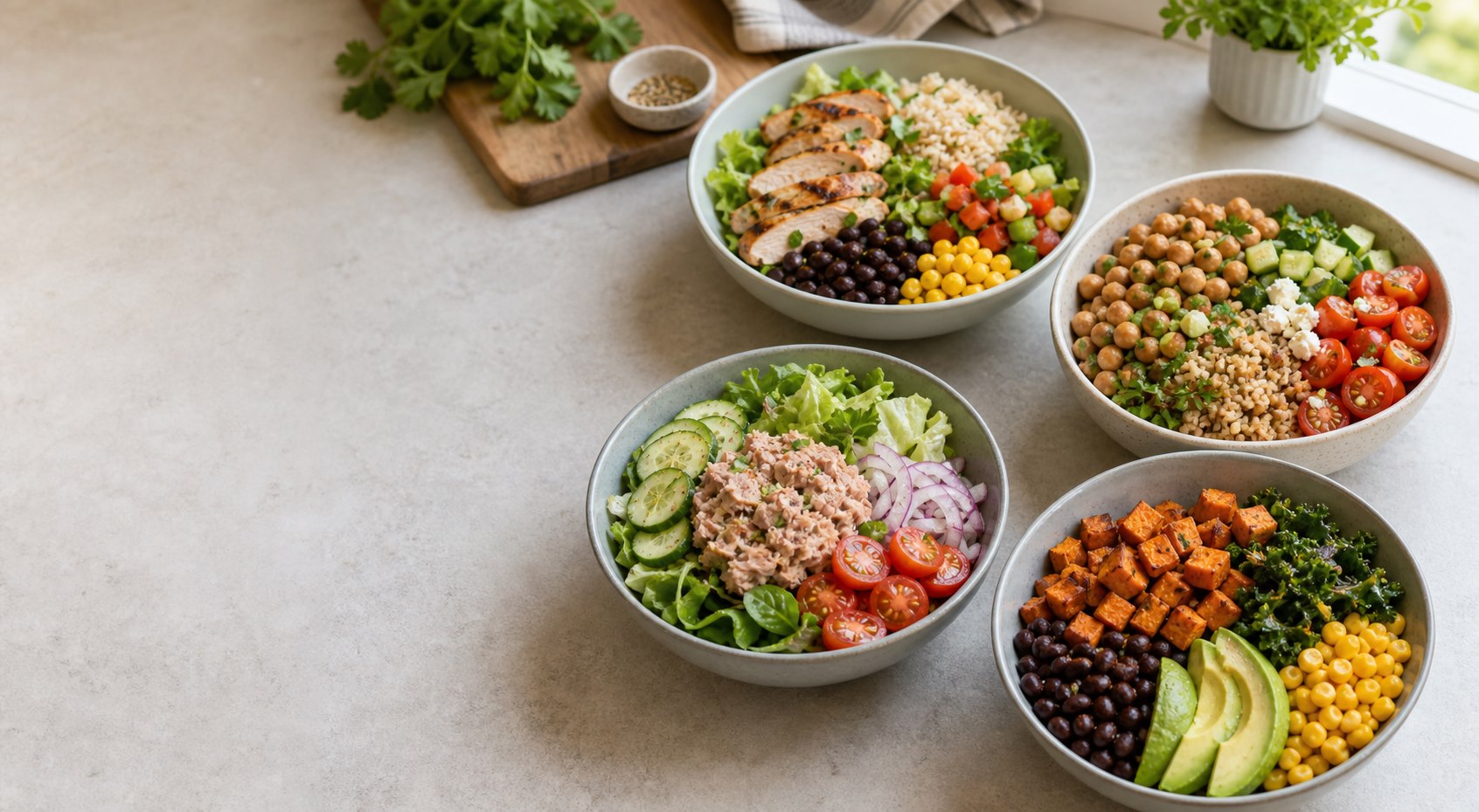 Meal prep bowls with black beans, corn, avocado, chopped vegetables, and crisp greens