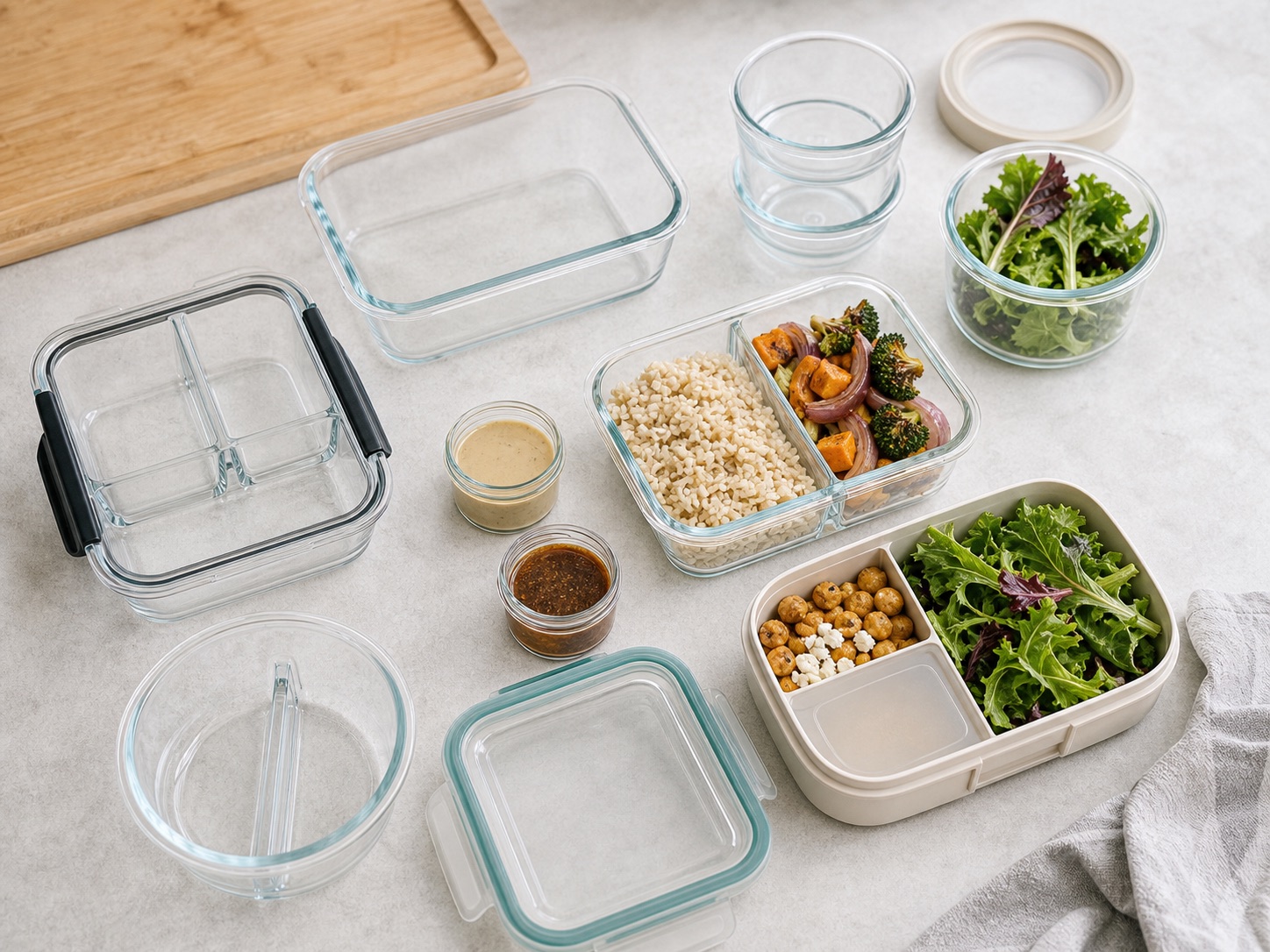 Different meal prep containers arranged for comparing bowl storage options