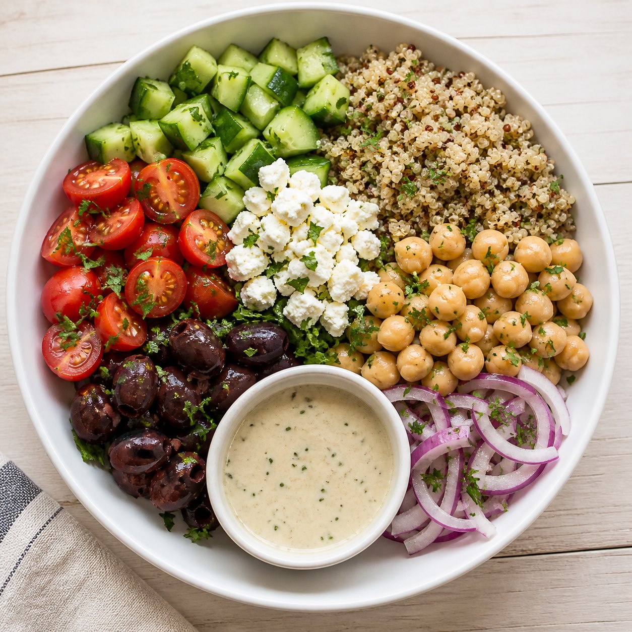 Mediterranean chickpea grain bowl with cucumber, tomatoes, feta, and herbs