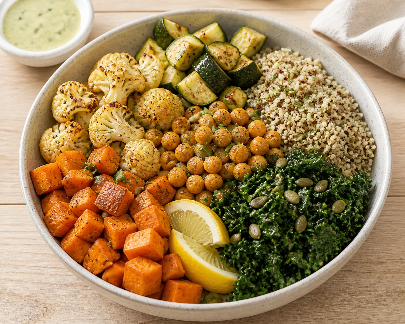 Roasted vegetable grain bowl with quinoa, chickpeas, greens, seeds, and lemon herb dressing