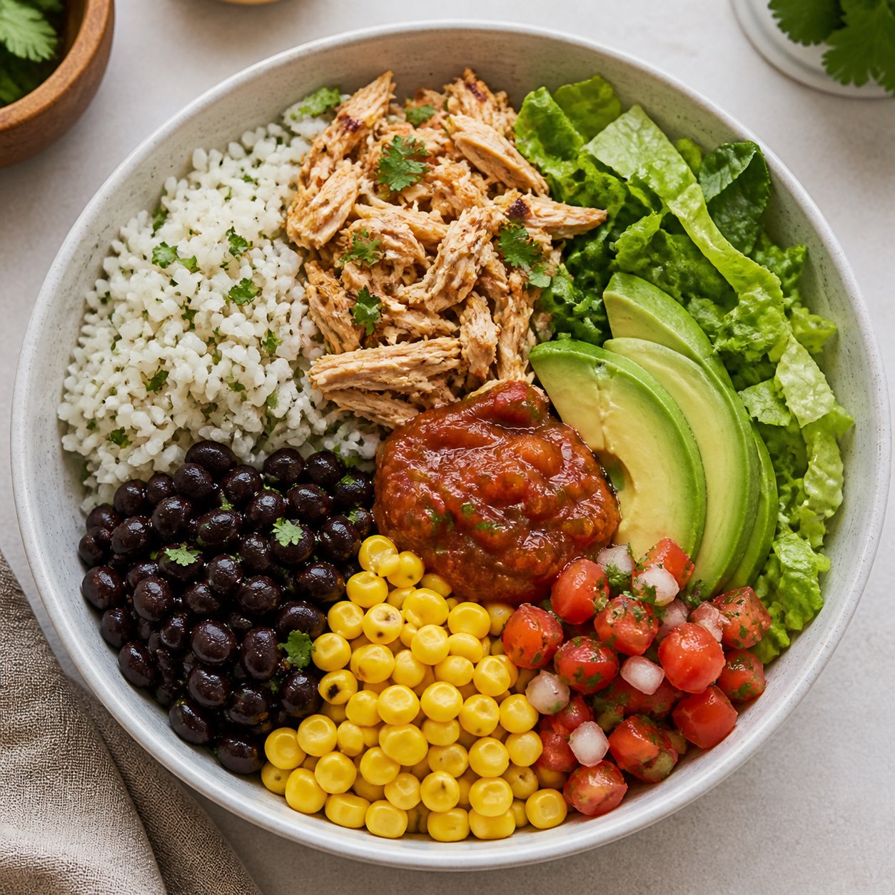 Rotisserie chicken burrito bowl with beans and corn