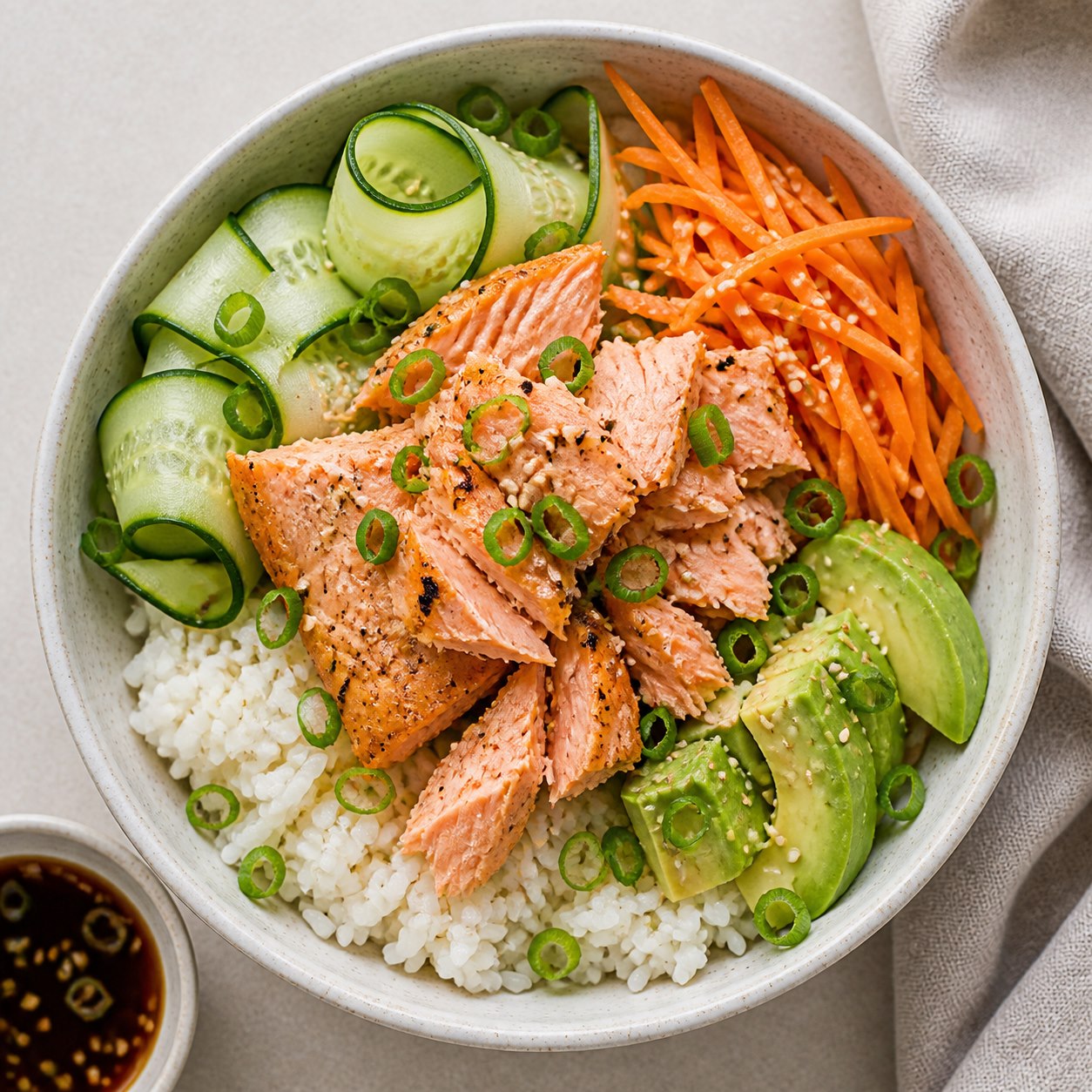 Salmon rice bowl with cucumber avocado and sesame dressing