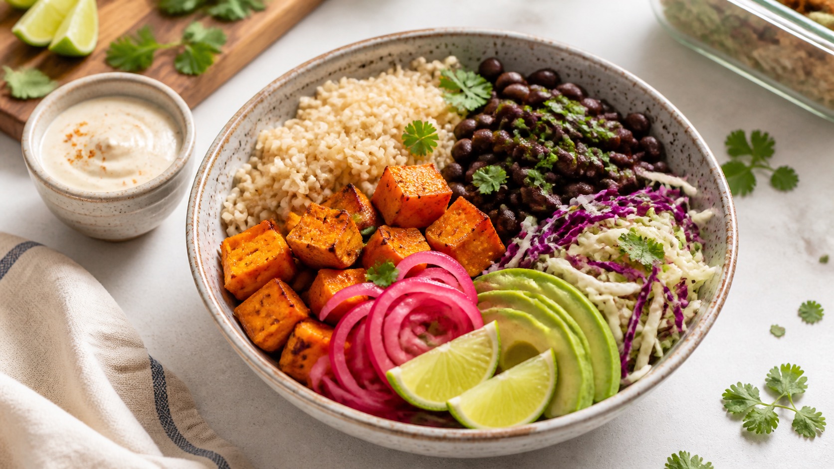 Slow cooker black bean sweet potato bowl with rice slaw avocado pickled onions and lime