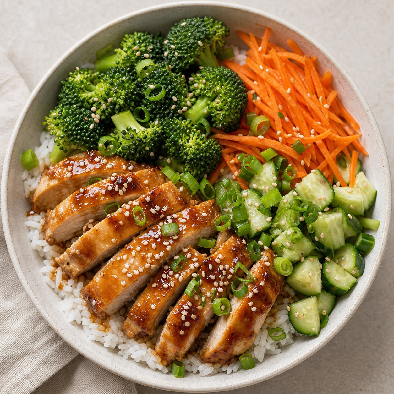 Teriyaki chicken rice bowl with broccoli, carrots, and sesame seeds