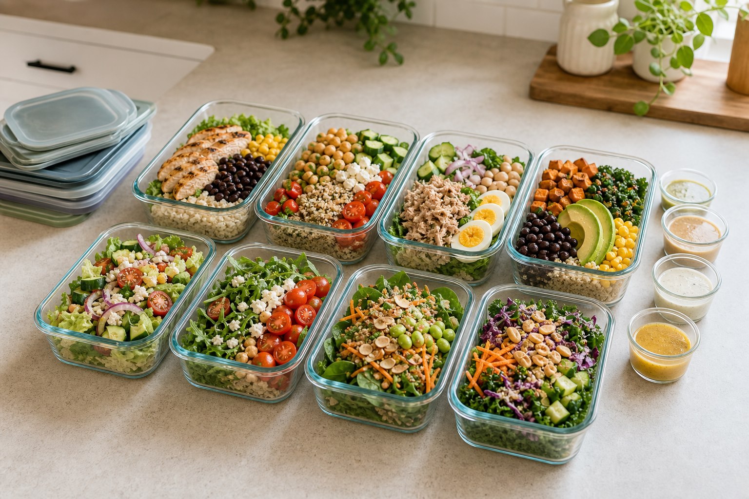 Meal prep containers filled with grains, beans, vegetables, and toppings